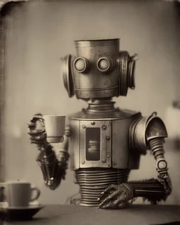 Daguerreotype portrait of a vintage robot drinking tea