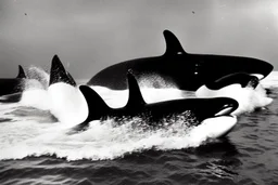 An orca army fighting in WW2, swimming up a stream to attack