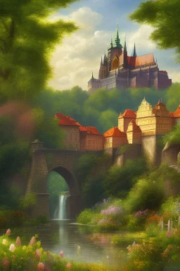 Prague castle, forest, protection of nature, ecology, oil painting, beautiful garden, flowers, warm colors, animals, architectural sketch style