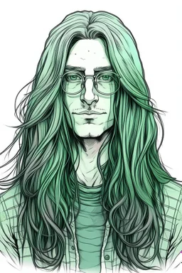 Alien male, with unnatural colored long hair. Soft style with glasses
