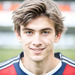 85mm DSLR color photography of a very detailed headshot fitting all of head and hair in frame. 18-year-old French soccer player, and with no facial hair and has no facial hair, has medium length straight white hair with a small smile, grey background