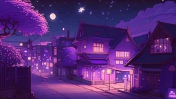 Cute purple-aesthetic anime town at night, lofi with sparkles, cartoon, vintage