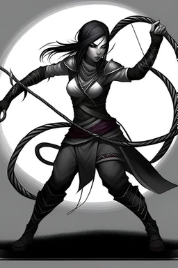 female gray skin Shadar-Kai wielding a Whip a whip made out of black thorns