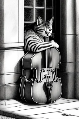 One single mature homeless cat sleeping in a corner on the street, violin case, Vienna, mourning, model style, hyper realistic, extremely accurate, delicate, extremely detailed, Graphic novel style, wide-angle, open aperture, superfine pencil