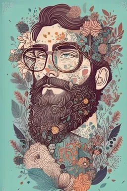 ilustracion plana sobre el retrato de un hombre con barba y lentes, con extracciones en partes de la cara y repuestas con motivos florales