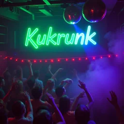 MR Kukrunk MC is Benny, and "DJ Roy" in a disco, dancing, "Kukrunk" on sign wall, disco light, strobe, smoke. disco ball, 1000 dancing people