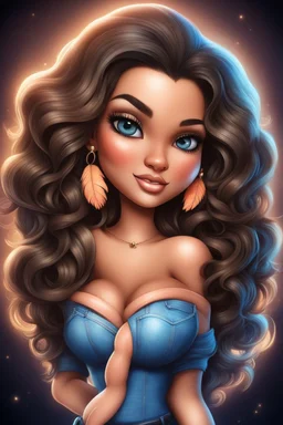 create an airbrush illustration of a chibi cartoon curvy polynesian female wearing Tight blue jeans and a peach off the shoulder blouse. Prominent make up with long lashes and hazel eyes. She is wearing brown feather earrings. Highly detailed long black shiny wavy hair that's flowing to the side. Background of a night club.