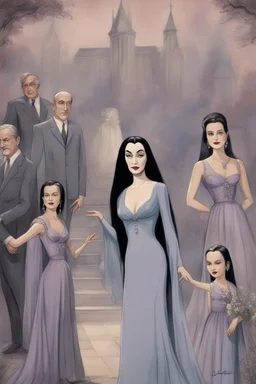Morticia Addams glided by his side with graceful elegance. For unlike her family's usual severe aesthetics, today Morticia had chosen to clad herself in the whimsical styles of Christian Dior. She wore an ankle-length dress of silk chiffon in a muted watercolor print of lavenders, sea blues, and shadowed greys. The slim skirt and fitted bodice draped lovingly over her lithe figure. A halter neckline gently displayed her alabaster shoulders. A wide-brimmed hat of the same printed silk shaded her