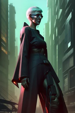 cyberpunk saggy granny woman, abandoned sci-fi town, future, sci-fi