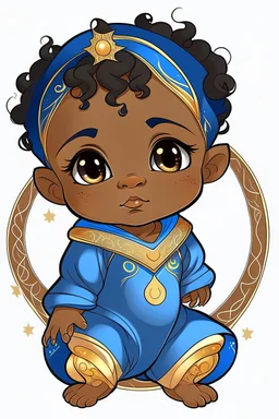 an anime style drawing of a black and asian baby boy. hes wearing blue medieval royal baby onesie. he is sun and moon themed. he is adorable and he has freckles.