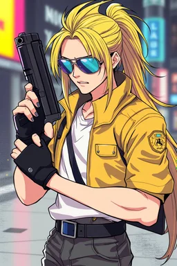 male cyberpunk solo with long hair tail, Norwegian, Wearing Leisureware and mirrored sunglasses, armed with heavy pistol, wearing gloves without fingers, lean, nice, correct hands, 90s Anime Style, Retroanime, Video Game Character,