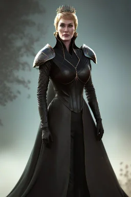 Cersei Lannister as evil queen in black leather, busty, cleavage, curvy, lena headay, angry, stern look. character design by cory loftis, fenghua zhong, ryohei hase, ismail inceoglu and ruan jia. unreal engine 5, artistic lighting, highly detailed, photorealistic, fantasy