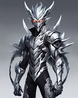 Logo silver skinned anime Dragman cyberpunk with dragon mask in his eyes full body