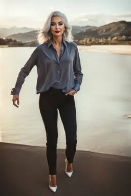 full body of very beautiful girl wearing pants and bluse ,white gray hair ,standing idle happy pose in studio pretty makeup