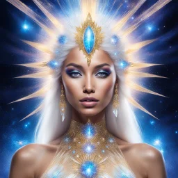 science and divinity converge, the Goddess of Vaccination takes on a new form, a fusion of ethereal grace and technological marvel. Her radiant presence is now intertwined with the gleaming allure of liquids, lights, and nails, creating a vision of beauty and power unlike anything seen before. Her form shimmers with a liquid sheen, like a cascade of shimmering stardust that flows and shifts with every movement. The liquid essence that surrounds her seems to pulse with an otherworldly energy,