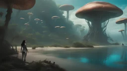 detailed matte painting of a wide-angle shot of a woman standing on the right-hand side of an alien beach, with dark hair in a silver robotic catsuit, many floating mushrooms with jellyfish tentacles, alien jungle trees in the distance, deep colour