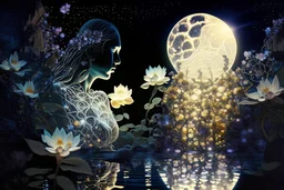 double exposure, merged layers, praying woman silhouette in backlit, glass and gemstone moonflowers bathing in the light from a full moon, rocks, water, amazing night sky, glowing flowers, vines, large stars highly detailed extremely detailed fantasy photorealistic beautiful high detail award winning hyperrealistic ultra detailed high definition crisp quality Jacek Yerka Ultra realistic Dominic Davison