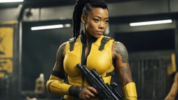 A Sonequa Martin-Green warrior with a machine gun covered by tattoos, 24-years-old her lean muscular frame wrapped in a yellow two pieces tactical bodysuit and a bullet proof vest over her bossom. Her hair is pulled back in a tight ponytail, revealing dark eyes [vintage style noisy scratches glitches, Shot the texture and then rewound the film and double exposed from a 1970 B series movie] she stands on the balcony of the marble palace of a modern dictator, behind we see the beach and palm trees
