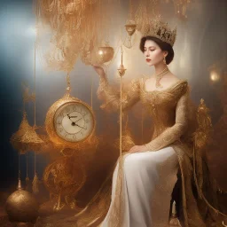 "A queen asleep on a throne, clock made of straw, hanging lamps like pendulums, surreal, detailed, focused