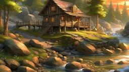 Create a picturesque scene of a house nestled among rocks on the shore of a narrow river. The house should have a rustic design, with wooden elements and a cozy appearance. The rocks should vary in size and shape, creating a natural rugged terrain around the house. The narrow river should gently flow past, reflecting the serene surroundings. The scene should be set during sunset, casting warm, golden hues across the landscape and enhancing the tranquil atmosphere.