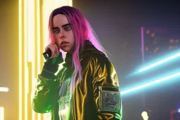 Billie Eilish, on stage with guitar, cyberpunk2077, realistic, not to be distinguished from a photo, identical pupils, photorealistic illustration