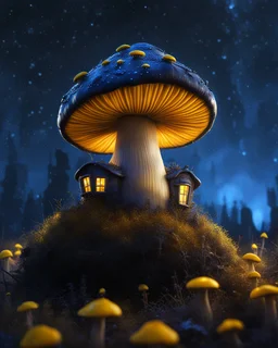 A solitary floating mushroom house on a clear night. silver and blue and yellow, Dark cosmic interstellar. Detailed Matte Painting, deep color, fantastical, intricate detail, splash screen, hyperdetailed, insane depth, concept art, 8k resolution, trending on Artstation, Unreal Engine 5, color depth, backlit, splash art, dramatic, High Quality Whimsical Fun Imaginative Bubbly, perfect composition