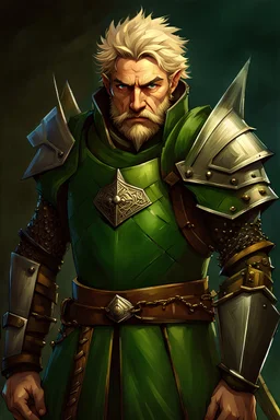 serious expression, short man, adult halfling, not boyish, neatly trimmed beard, large nose, helm in hand, blonde spiky hair, deep royal green detailed heavy armor, armored shoulderpad, armored pants, realistic, realism, painting, blue eyes, larger ears, chain strapped on the belt, long sword, dagger on belt, royal green shield