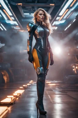 A hyper-realistic photo, High fashion model futuristic dress in the future world wearing boots, full portrait, glamorous, look futuristic outfit in action battle leaving earth 64K, hyperrealistic, vivid colors, (glow effects:1.2) , 4K ultra detail, , real photo