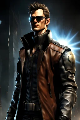 jc denton from teh deus ex game, a male tough character age 27 years, wearing sun glasses, kevlar vest under the leather long coat. front shot is looking up with the light ray from above