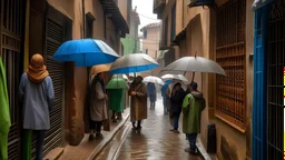 Narrow street of a traditional village on a rainy day, where the many passers protect themselves from the rain with umbrellas