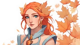 Generate a dungeons and dragons character portrait of the face of a female rouge autumn eladrin with orange hair and maple leaves in the hair. She has hypnotic blue eyes and wears a dress made out of leaves and one earring. She has a fan in her hand