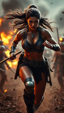 A tall, athletic, muscular woman warrior radiating breathtaking beauty charges fearlessly into a chaotic battlefield. Cinematic lighting, wide-angle lens, dynamic composition, and a shallow depth of field enhance the dramatic action. Shot with an Arri Alexa camera and a 35mm lens, rendered in Unreal Engine 5 with photorealistic textures and volumetric lighting, capturing every detail with 8K resolution.