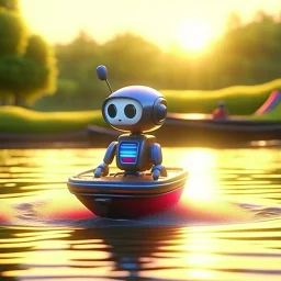 cute blessed chat robot sailing on a boat motor in the river,catching a big fish in a river stream, 8k, downlight, soft light, depth of field, photorealism, trending on art station, lotsa detail