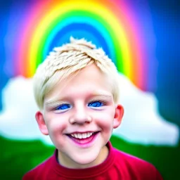 visage petit garçon blond aux yeux bleus souriant sur fond arc en ciel