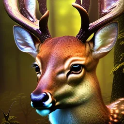 fantasy art, book cover, "As your horse ride deeper into the forest, you begin to see signs of wildlife. A closeup of a deer dashing."