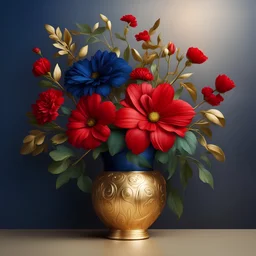 Flowers in midnight blue flowers, red flowers and green leaves in a gold vase. Light background