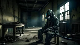 An eerie and haunting scene featuring a man clad in a gas mask, seated in an industrial room with a sense of impending danger. The dilapidated furniture and exposed cables add to the desolate and abandoned atmosphere. The dim lighting casts shadows across the room, making the space seem even more oppressive. The fogged and dirty industrial window further emphasizes the sense of confinement and isolation, as the man appears to be trapped in a world of his own.