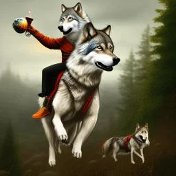 Wolf riding on the back of flying goose