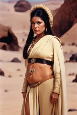 Marie Gomez from The High Chaparral in princess Leia's slave costume of the Return of the Jedi, close to Jabba the Hutt.