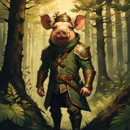 create a full body portrait of a french pig man , with highly detailed, sharply lined facial features, in the deep forest of Brokilon , finely inked, in rustic colors, 4k in the style of Peter Mohrbacher