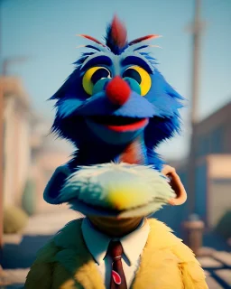 hybrid character, Sesame Street muppet head with body man, police dress, Wes Anderson style, concept art, smooth, unreal engine 5, god lights, ray tracing, RTX, lumen lighting, ultra detail, volumetric lighting, 3d.