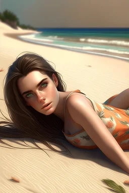 Frau, 26-jährig, realistische Haut, realistische Haare, sexy Blick, bikini model, liegt am strand