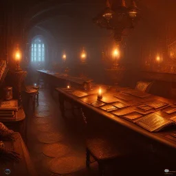 dark fantasy concept art, dynamic lighting, hyperdetailed, intricately detailed, Splash screen art, deep color, Unreal Engine, volumetric lighting, fantasy library artwork, indoors, cozy, leather, wood, library, books,