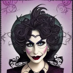 extrem tim burton style and disney style of an old and extrem malicious stepmother, sharp focus, sneaky eyes, old face