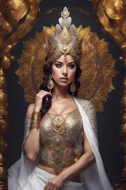 Beautiful Goddess Photo Portrait Fantasycore Artwork, fullbody,wearing traditional golden silver ornaments dress ,Intricate Photography, A Masterpiece