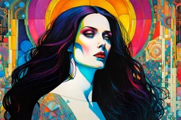 Create chaotic abstract cubist religious triptych depicting a seductive Gothpunk Saint Mary Magdalene , with highly detailed facial features, in the style of Bill Sienkiewicz, Philippe Druillet, Gustav Klimt, and Jean Giraud Moebius, precisely drawn, colored and inked