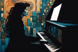 create an abstract expressionist, highly ethereal, darkly magical illustration of a deeply sorrowful, woman at her piano, with highly detailed and deeply cut facial features, in the style of GUSTAV KLIMT, PABLO PICASSO, EDWARD BURNE-JONES, WILLIAM MORRIS, and KATHE KOLLWITZ combined with the comic art style of BILL SIENKIEWICZ and JEAN GIRAUD MOEBIUS, searing lines and forceful strokes, precisely drawn, boldly inked, and darkly colored