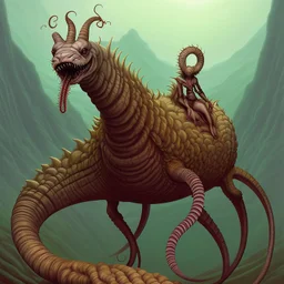 in style of Daniel Merriam, mongolian death worms, writhing, sinister, mortal pangs of scenic solitude, dreamscape, surreal