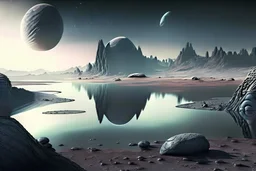 Alien landscape with one grey exoplanet in the horizon, pond, rocky landscape, sci-fi