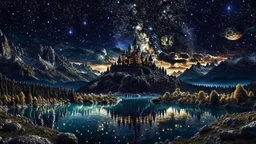 galaxy, space, ethereal space, cosmos, water, panorama. Palace , Background: An otherworldly planet, bathed in the cold glow of distant stars. The landscape is desolate and dark, with jagged mountain peaks rising from the frozen ground. The sky is filled with swirling alien constellations, adding an air of mystery and intrigue. Old castle of london, detailed , enhanced, cinematic, 4k,by van gogh